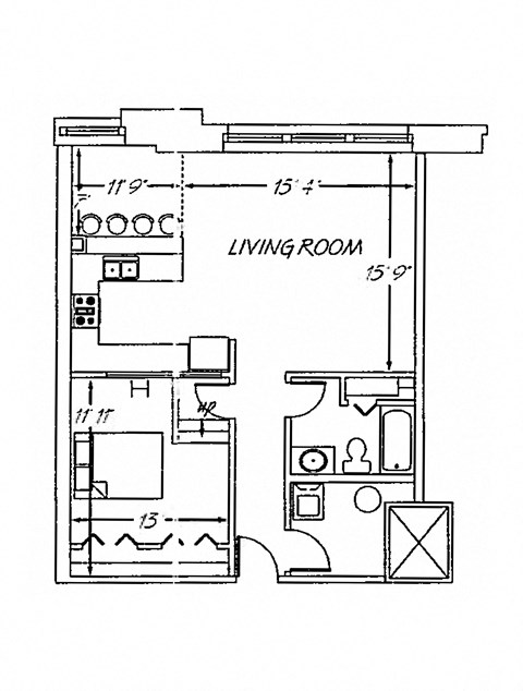 Floor plan for 1 bed, 1 bath, 831 sqft